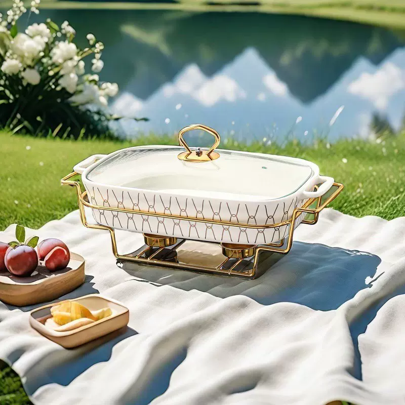 精致高档波浪长方形双耳陶瓷砂锅户外野餐露营便携式保温汤锅批发