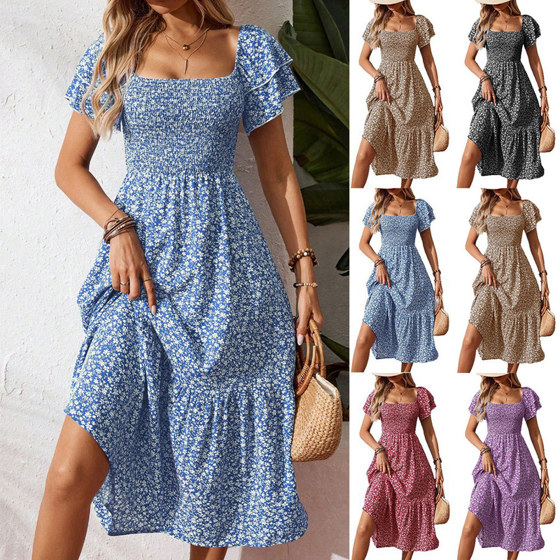 2026 Amazon Spring and Summer New Tk Cross-Border European and American Clothing Short-Sleeved Square-Neck Floral Dress Long