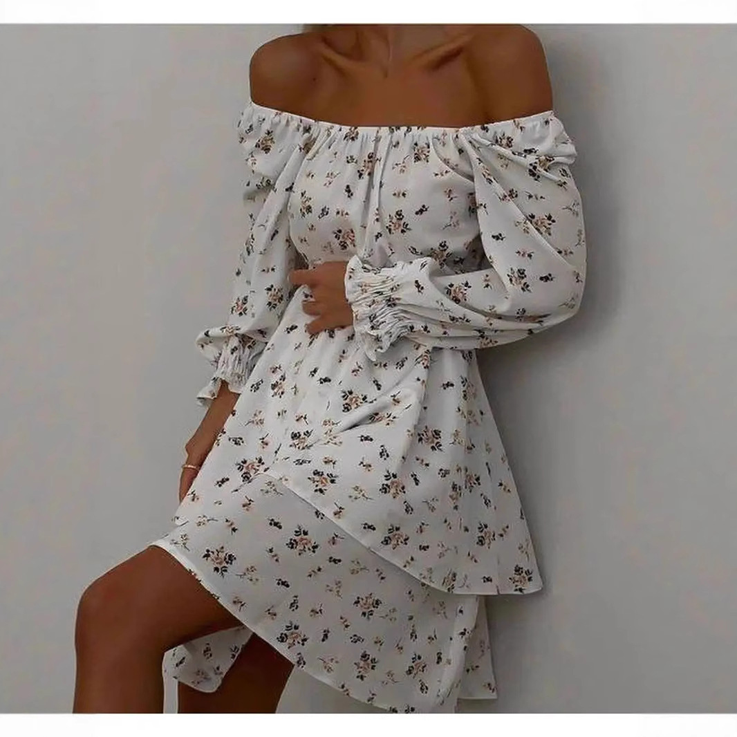 Celebrity style European and American foreign trade women's one-word collar long sleeve waist sexy hot fashion printing A- word dress tide