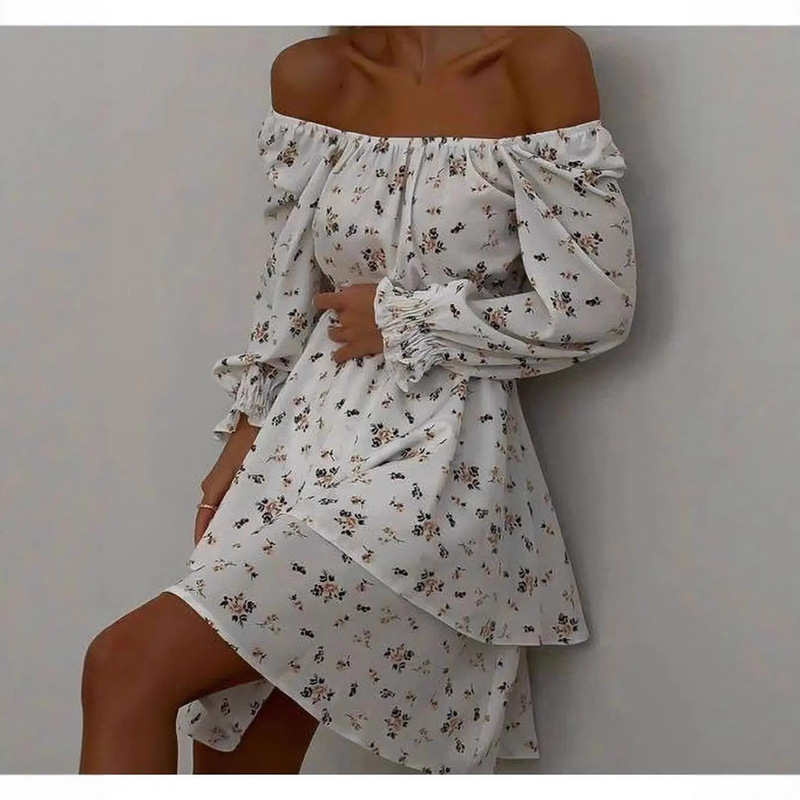 Celebrity style European and American foreign trade women's one-word collar long sleeve waist sexy hot fashion printing A- word dress tide