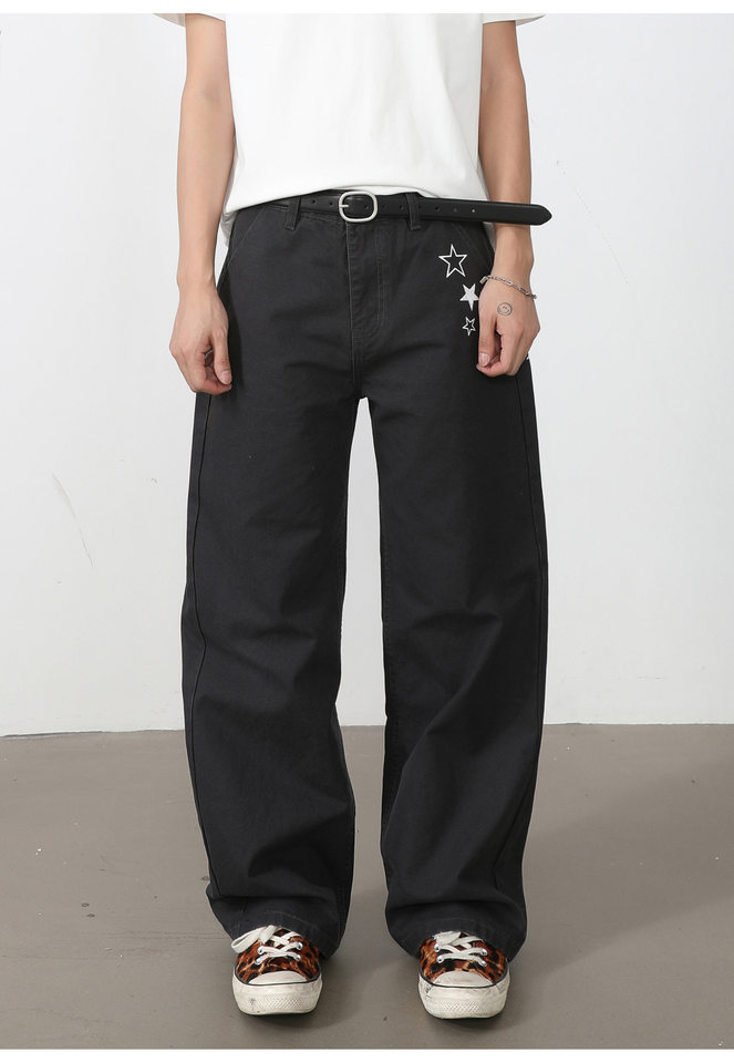 Quần dài nam ống rộng lưng trung in họa tiết ngôi sao Mỹ, form suông thoải mái — Xanh da trờicolor, màu kaki, màu xám, màu đỏ chi tiết 14