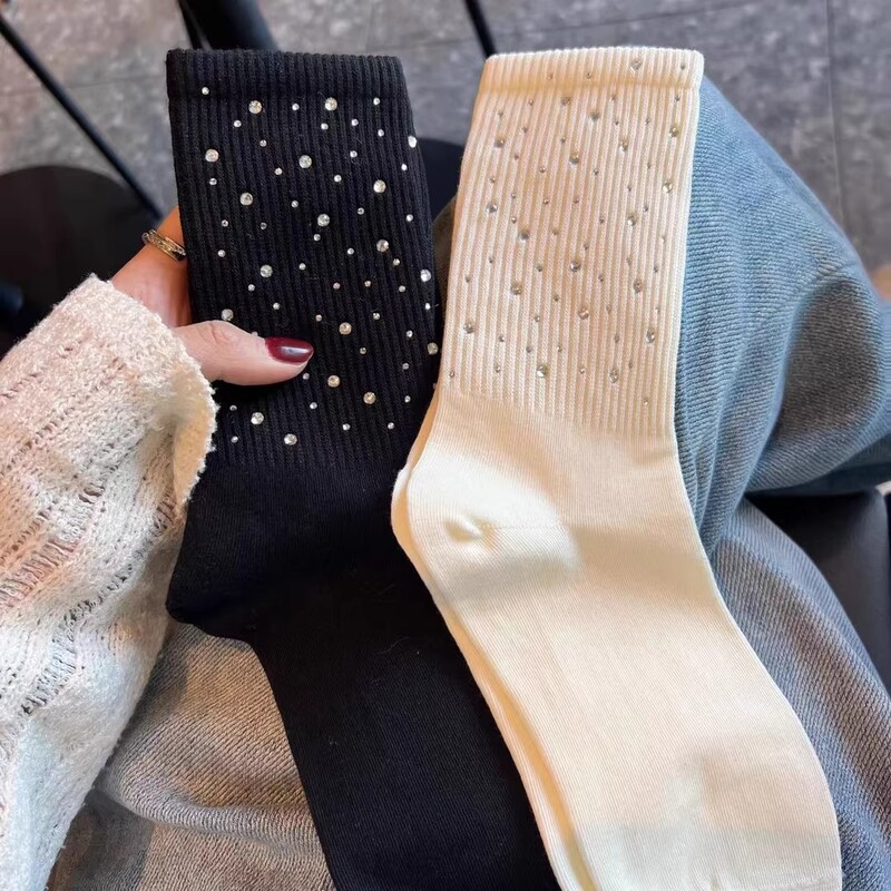 New Style Full Crystal Rhinestone Socks, High-Quality Cotton Socks for Women, Trendy Decorative Socks, Light Luxury European Goods