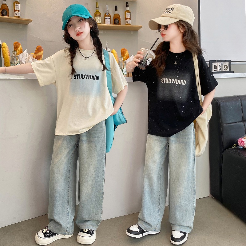 牛仔裤两件套女童满天星短袖夏季套装儿童休闲洋气夏装大童宽松