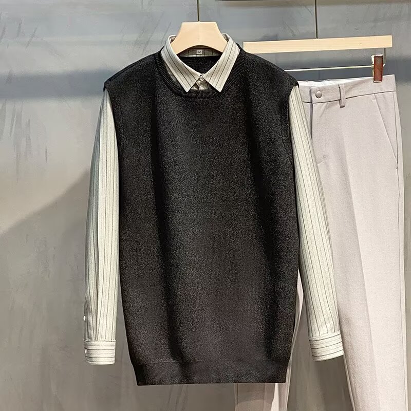 Autumn and Winter New British Men's Slim Retro Fake Two-Piece Knitwear Korean Style Knitwear Splicing Shirt Collar Jacket Trendy