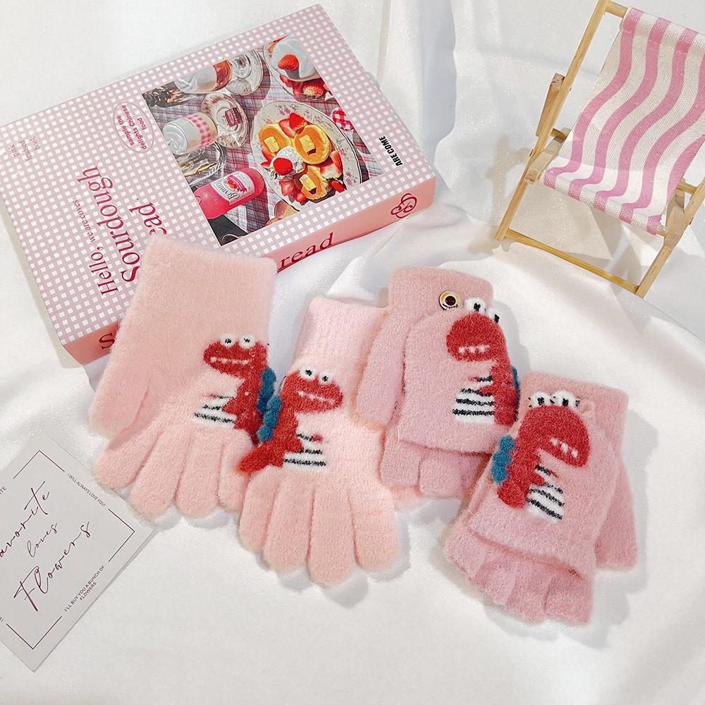 Impresión de dibujos animados coreanos dinosaurios guantes de niños lindos ociosos tejidos gruesos flip-up escritura guantes de cinco dedos