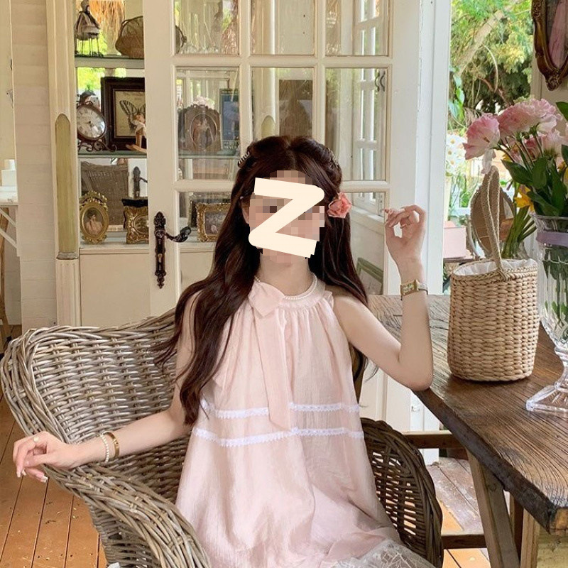 粉色蕾丝拼接甜美气质挂脖衬衫半身裙套装宽松小个子两件套女|undefined