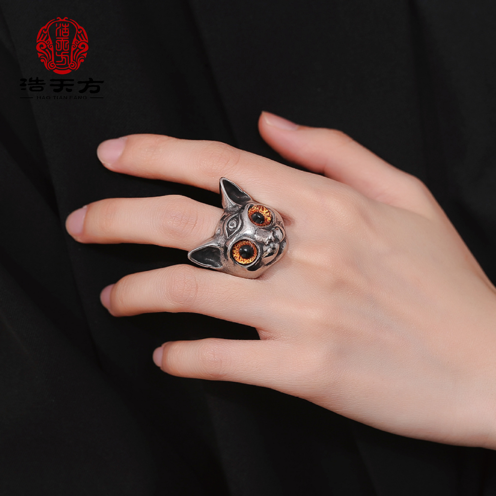 티타늄 강철 변색되지 않는 고양이 반지, HAIFENG COUNTY MEILONG TOWN 보석 고급 틈새 손으로 장식된 고양이 머리 반지