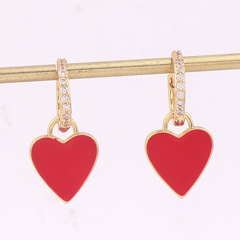 Retro Heart Shape Copper Earrings Stoving Varnish Artificial Gemstones Copper Earrings