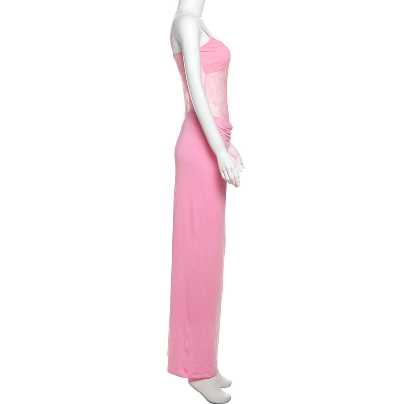 Spring Women Clothing Sexy Lace Stitching See through Backless Sling Dress