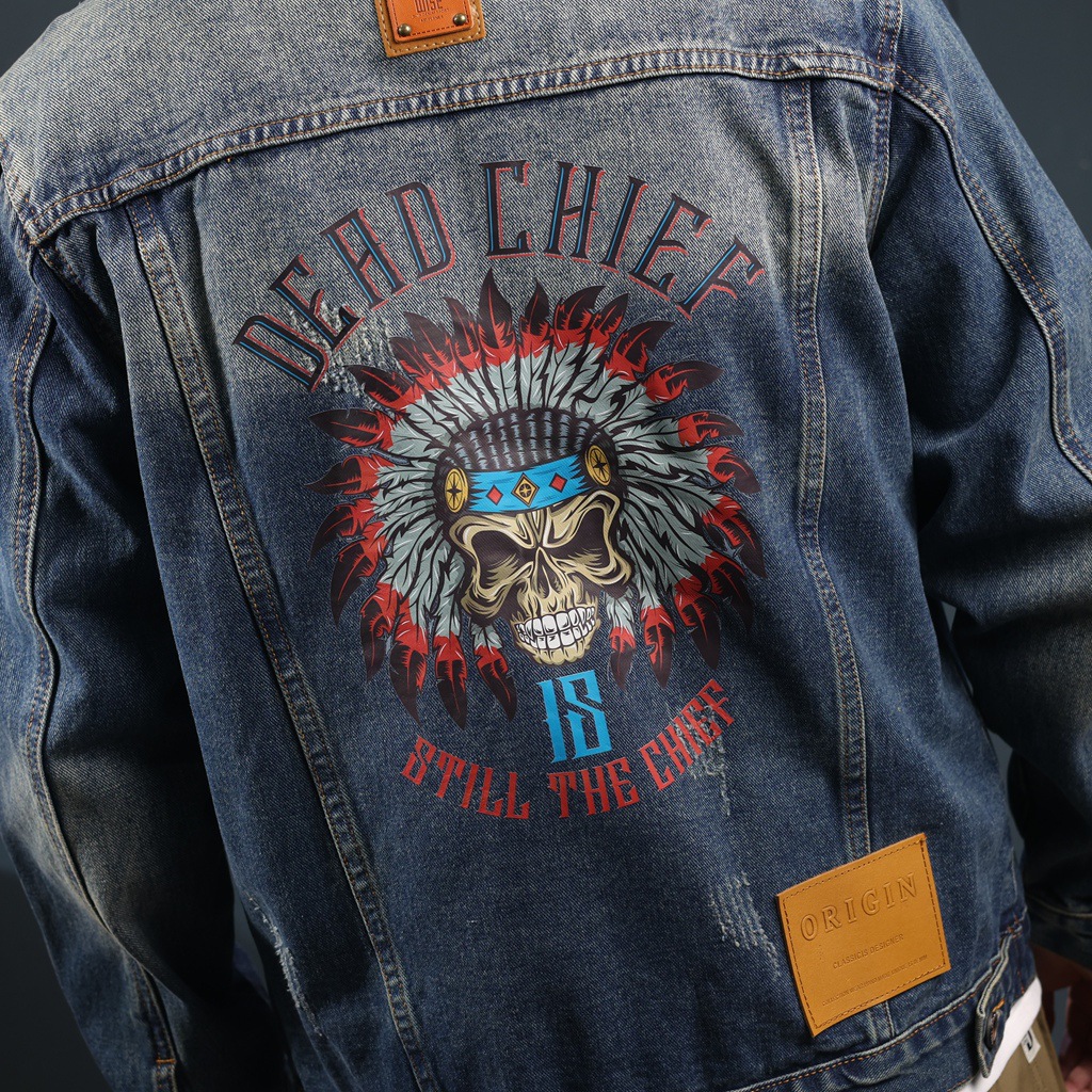 Men's Heavy Denim Jacket Retro Casual Washed Printed Trucker Coat_voghion.com