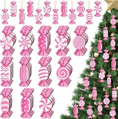 クリスマスピンクの装飾品クリスマスピンクのキャンディー装飾ピンクホワイトキャンディーウッドツリーハンギングオーナメントパーティーギフト