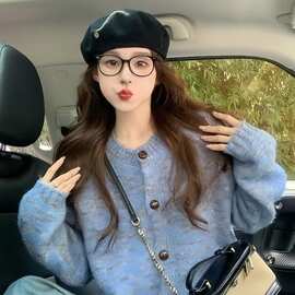 韩系慵懒风毛衣外套女2026新款秋冬季加厚软糯复古小个子针织开衫
