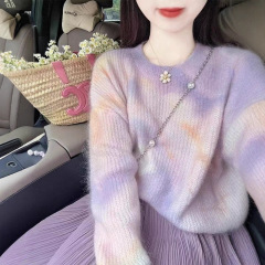 哥家商场同款女装2025秋季晕染懒慵温柔风软糯撞色紫色马海毛毛衣