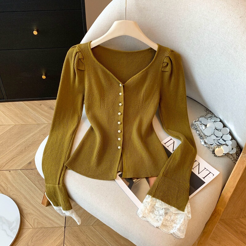 168Xm9662 Fashion Niche Design Knitwear for Women 2025 Autumn and Winter Slim Bottoming Lace Sleeve Top for Women