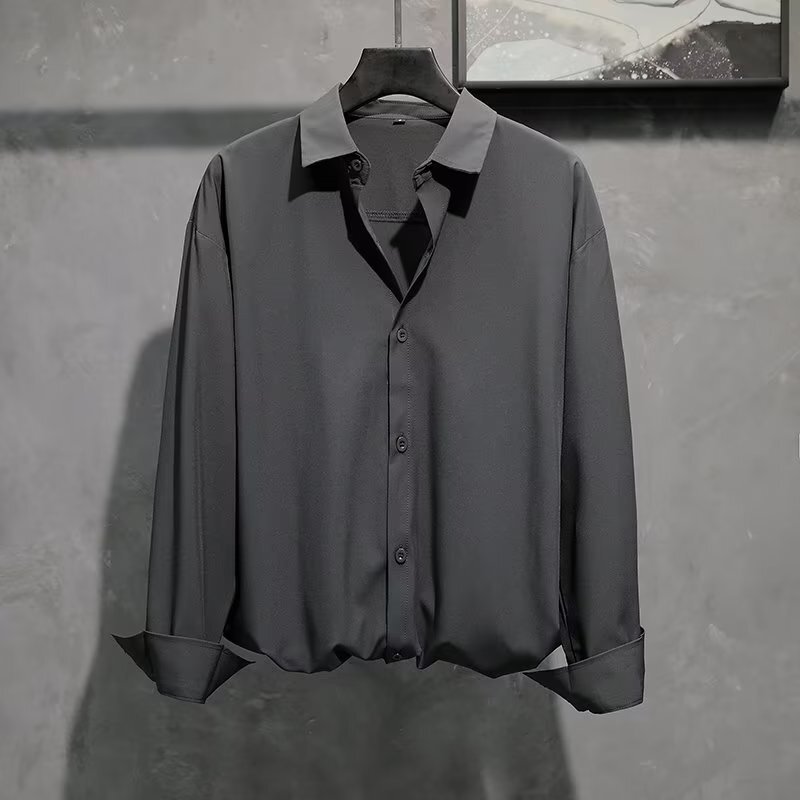 Cross-border popular ice silk long-sleeve shirt for men, autumn trendy brand, loose fit, stylish, turn-down collar, casual shirt, cheap wholesale