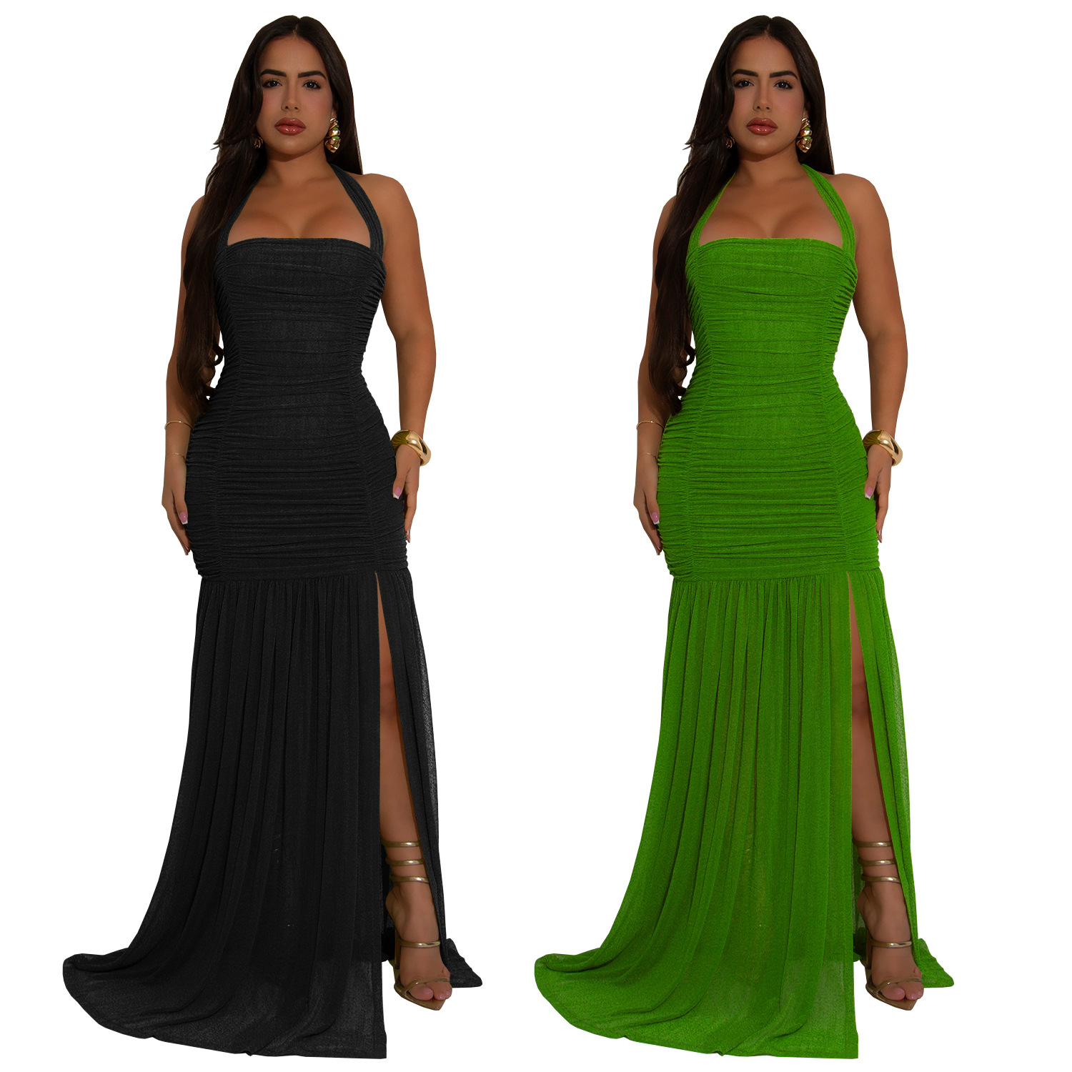 C7398 Cross-border AliExpress Amazon Ropa de mujer de moda europea y americana Vestido de color sólido sexy con hilo de red de verano