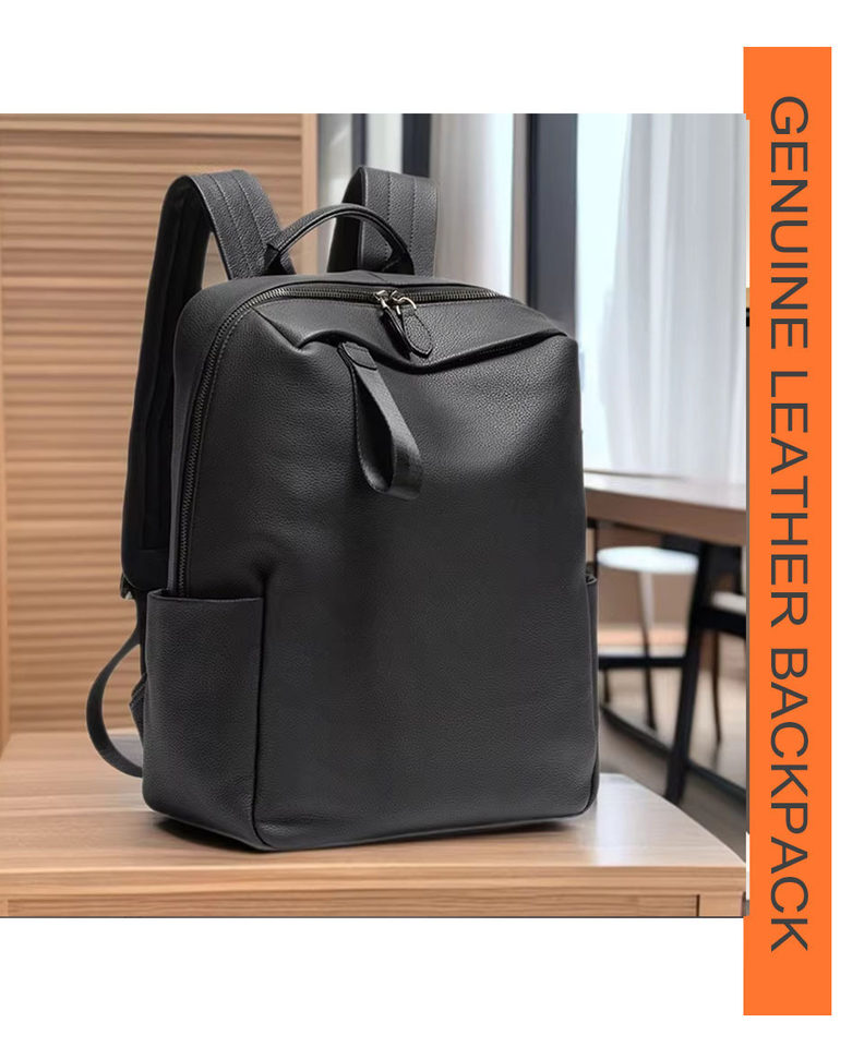 Ba lô nam da bò đầu lớp công sở đa năng, ngăn máy tính 14 inch, dung tích lớn đi công tác — Da Nappa màu đen, mô hình TOGO chi tiết 11