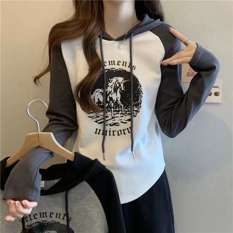 2024 новая весенне-осенняя толстовка с капюшоном и длинными рукавами, женская цветная универсальная реглан, молодежный утягивающий топ, модный женский топ