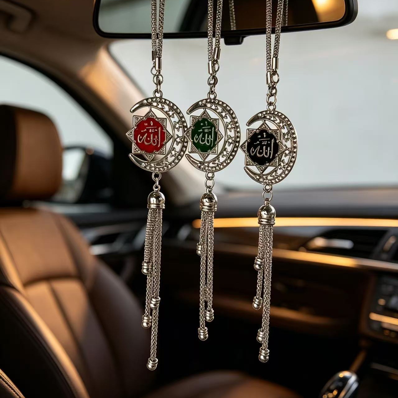 Golden Star and Moon Enamel Car Pendant, 3D Scripture Car Hanging Ornament, Diamond-Encrusted Rearview Mirror Tassel Decoration, Cross-Border Wholesale