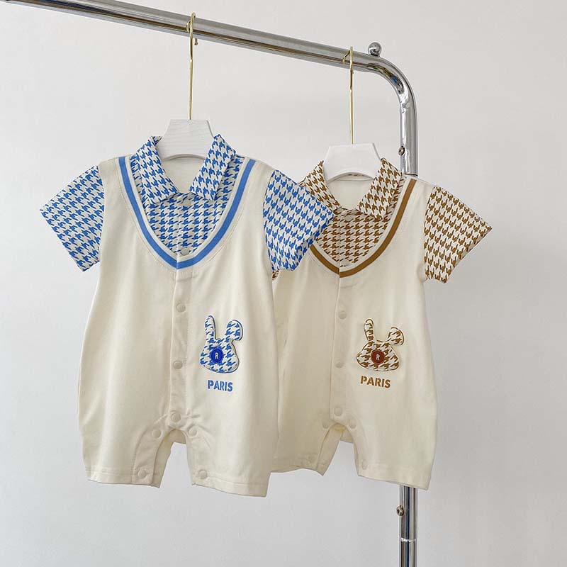 2023 Summer New Baby All-in-One Suit for Boys and Girls, Two-Piece Plaid Color Block Gentle Short Sleeve Overalls for Climbing