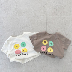 Korean summer version of boys and girls baby thin cotton soft letters smiley face short-sleeved T-shirt ins versatile tops for infants and young children