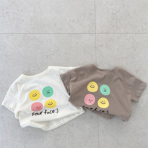 Korean summer version of boys and girls baby thin cotton soft letters smiley face short-sleeved T-shirt ins versatile tops for infants and young children