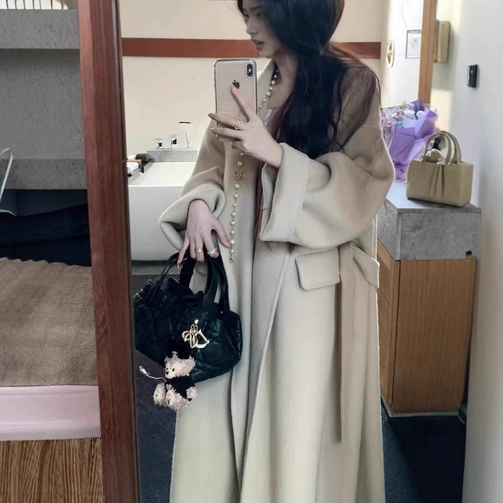 2024, верхняя одежда Anxi, тяжелая утолщенная двусторонняя верхняя одежда ручной работы для женщин, осенне-зимняя шерстяная верхняя одежда средней длины для женщин