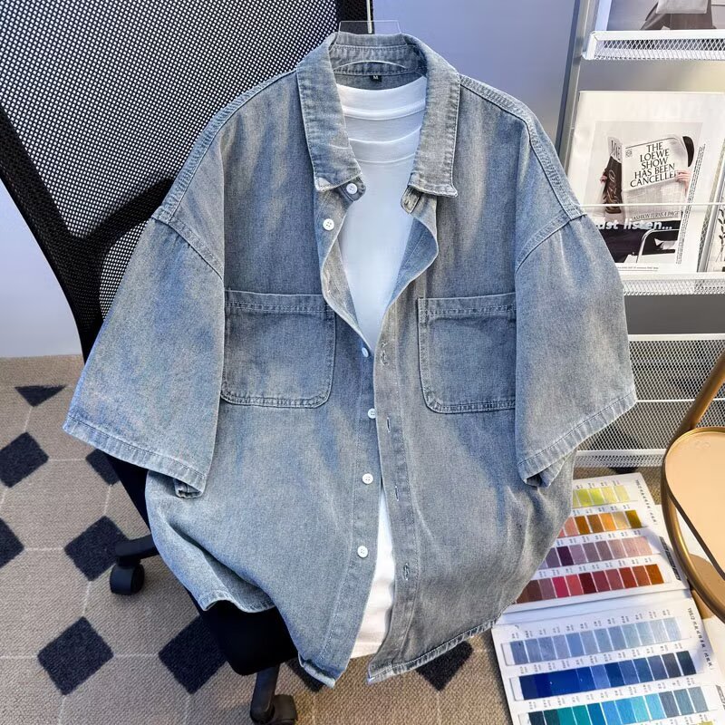 Hong Kong Style Denim Shirt Men's Short-Sleeved Summer Trendy Half-Sleeved Shirt Loose Casual Youth Workwear Thin Jacket