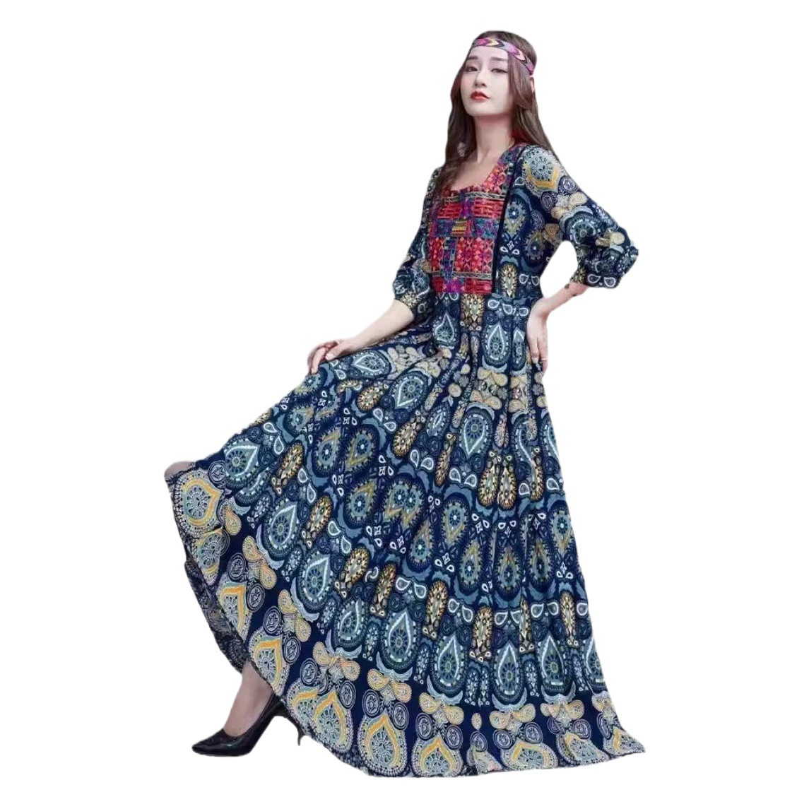 Юньнань, Синьцзян, Цинхай, туристические достопримечательности Punch-In Essential Отпуск Стиль Богемия Большой выпуск Тонкое платье