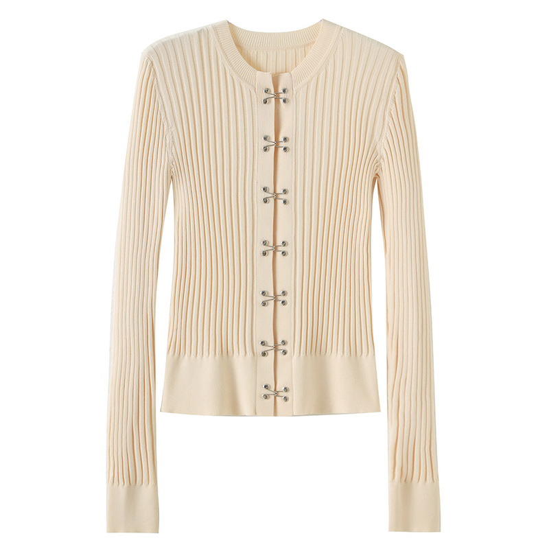 Ready Stock ~ Round Neck Hook Buckle Design Ribbed Elastic Slimming Look Knitted Cardigan Long-Sleeved Top Women's Thin Jacket Short Style