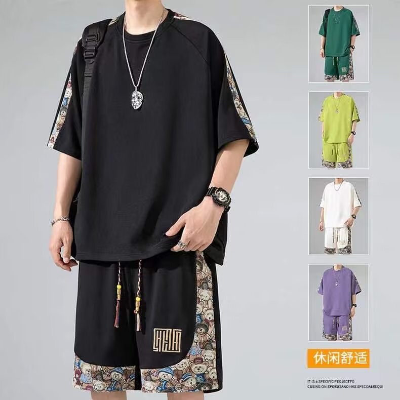 Summer New Chinese Style Suit for Men, Loose Large Size Trendy Brand Short-Sleeved T-Shirt and Shorts Two-Piece Set, Trendy Style