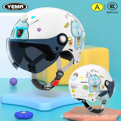 Motorcycle, Kids and Baby Safety – Motosiklet kaskı (dəbilqə) - summer-style-ceramic-white-milk-tea-little-dinosaur-ink-blue-short-lens