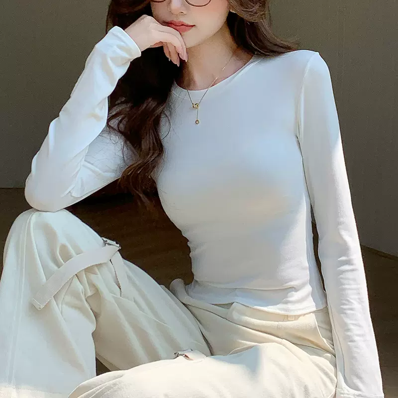 H583严选早春高级休闲女装t恤女修身打底衫正肩长袖上衣内搭辣
