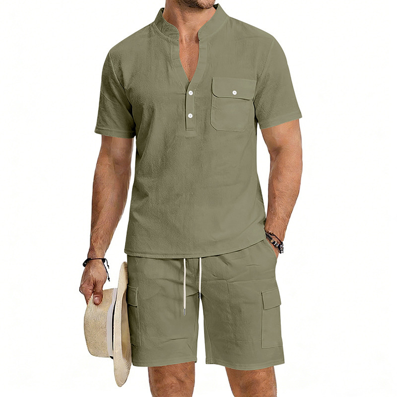 Men's Linen Henley Short Sleeve Shirt & Shorts Set, Breathable Summer Casual Outfit For Outdoor Travel And Daily Relaxation_viptrois.com