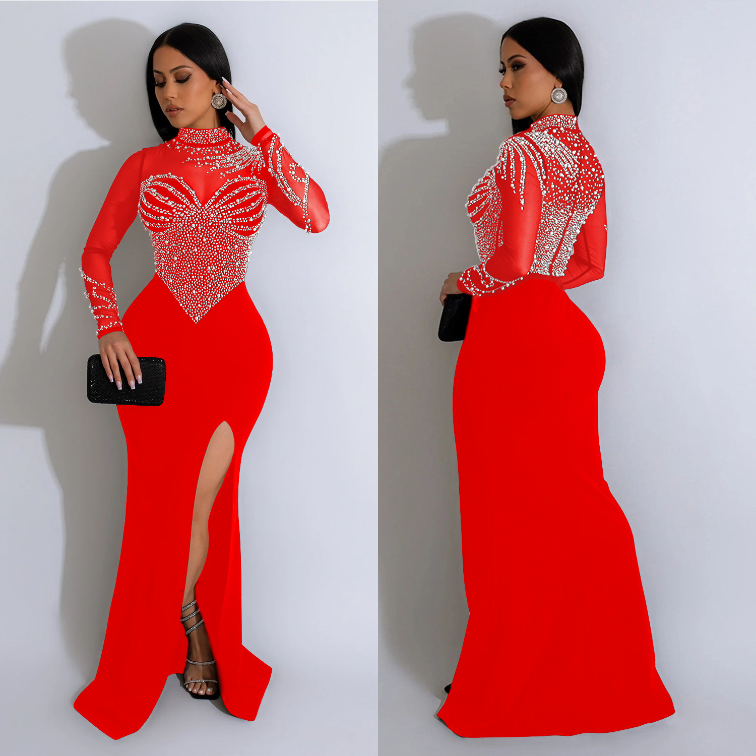 C6825 transfronteriza AliExpress Amazon de moda europea y americana de las mujeres de color sólido de malla de diamantes de imitación vestido dividido vestido image 5