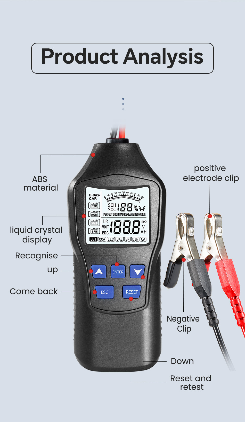 Intelligent Battery Tester High-Precision 12V24V Battery Tester Battery Car Oil Car Lead-Acid Battery Test