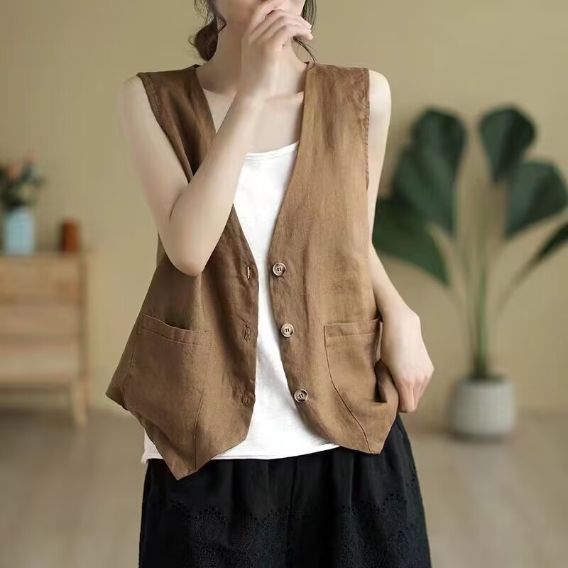 Nuevo estilo de verano delgado y casual, chaleco suelto sin mangas, chaleco de algodón y lino, chaleco de chaleco image 4
