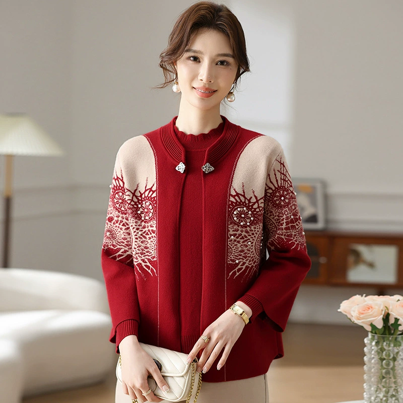 Год рождения мама весна красный трикотажный комплект из двух частей 2025 новый средний и пожилой женский свадебный пиджак свекрови