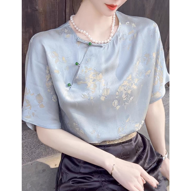 新中式国风女装真丝短袖T恤上衣女夏季桑蚕丝衬衫