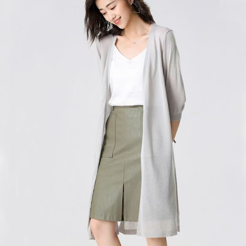 Ice Silk Knitted Cardigan Women's Mid-Length Coat 2026 Summer Thin Sun Protection Shirt Korean Style Air Conditioning Shirt with Shawl