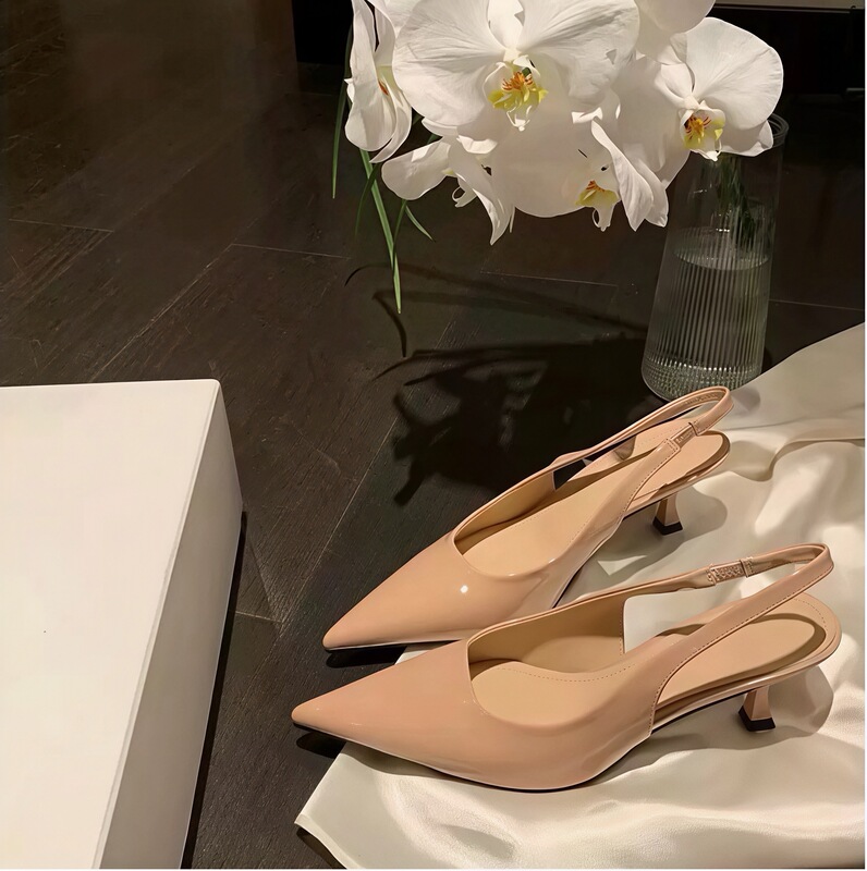 Sheepskin Version Available Now~ French-Style Elegant Pointed-Toe Nude-Colored Closed-Toe Sandals for Women, Stunning Patent Leather High-Heeled Shoes That Are Comfortable