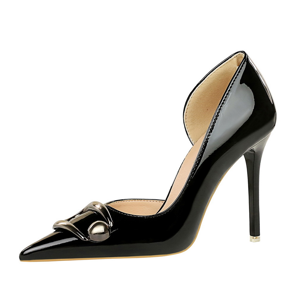 638-K38 Banquet Women's Shoes Ultra High Heels Fine Heels Lacquered Leather Shallow Mouth Pointed Metal Belt Buckle Decorative Single Shoes