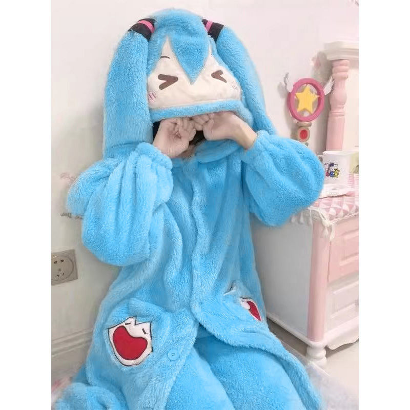 Hatsonian Future Nightgown Women's Double-sided Fleece Mid-length Pajamas Cartoon Home Clothes suit High-value Outer Wearing Nightgown