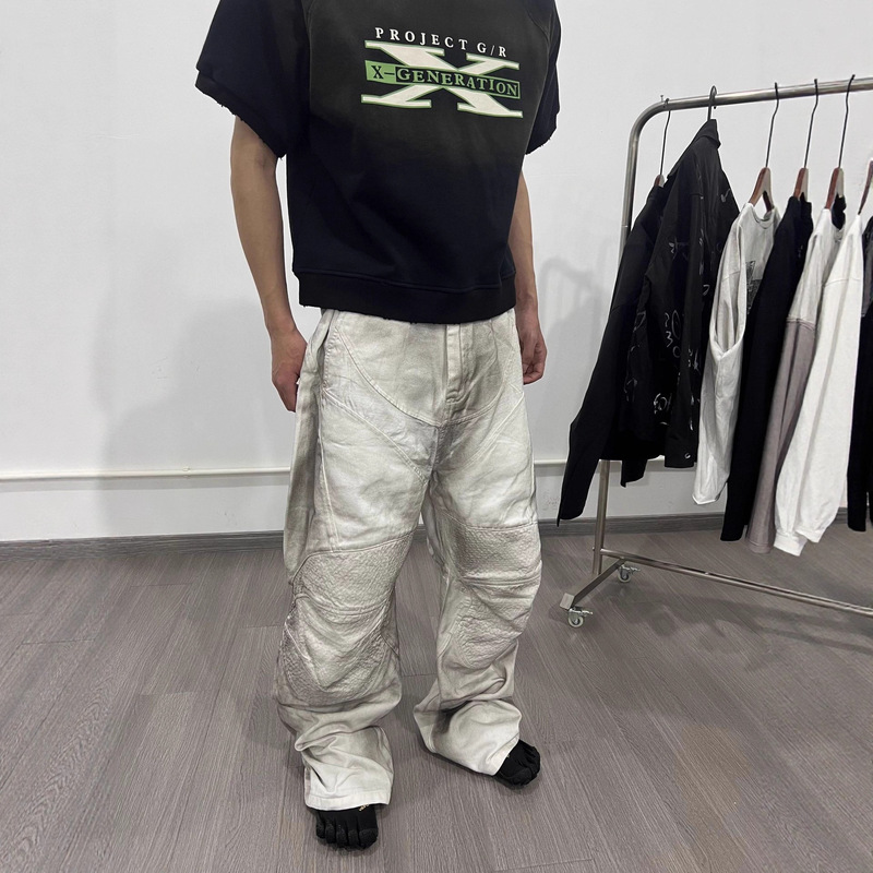 High Version Viiexplore Dirty Distressed White Motorcycle Armor Spliced ​​Pleated Silhouette Wide-Leg Denim Pants