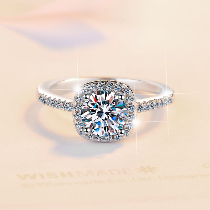 D color moissanite anillo de las mujeres s925 anillo de plata esterlina bolsa cuadrada 50 puntos 1/2/3 quilates anillo al por mayor transmisión en vivo transfronteriza