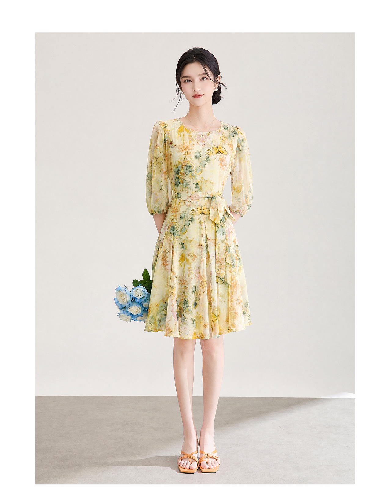 Đầm maxi nữ tay phồng hoa nhí chất liệu voan chiffon — xanh lá cây chi tiết 14