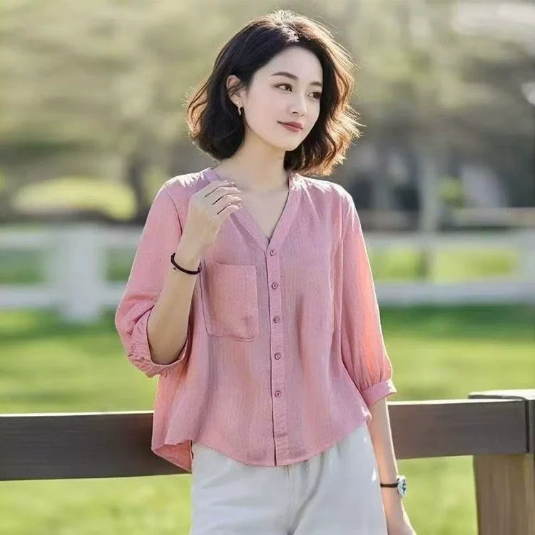 Летняя шифоновая рубашка средней длины для мамы, футболка с короткими рукавами в западном стиле, топ-рубашка в китайском стиле, топ для женщин среднего и пожилого возраста.