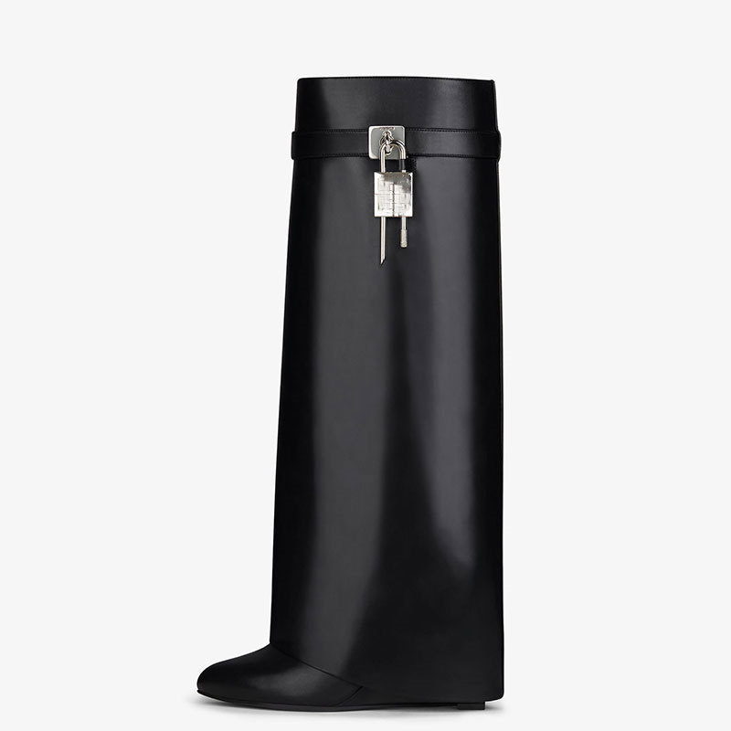 22 Years of European and American Autumn and Winter New Large-Tube Lock Buckle Round-Toe Long Boots for Women Genuine Leather Boots Metal Knight Boots Wedge Boots