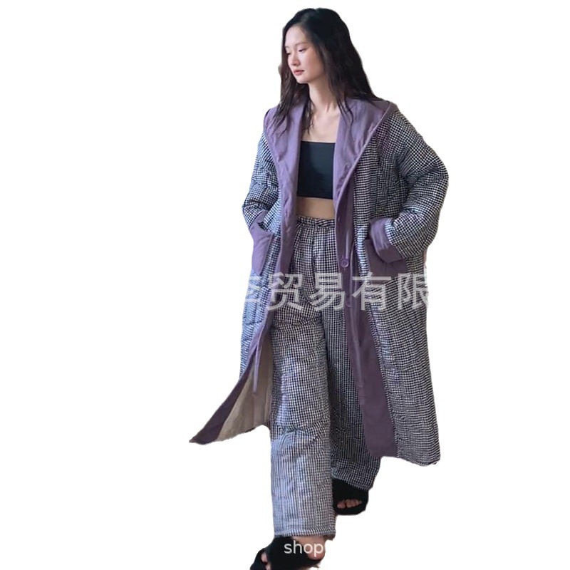 가을과 겨울에 코튼 패딩 재킷이 달린 민족 마셔 파자마 기모 두꺼운 따뜻한 격자 무늬 긴 잠옷 홈 옷 195 세트