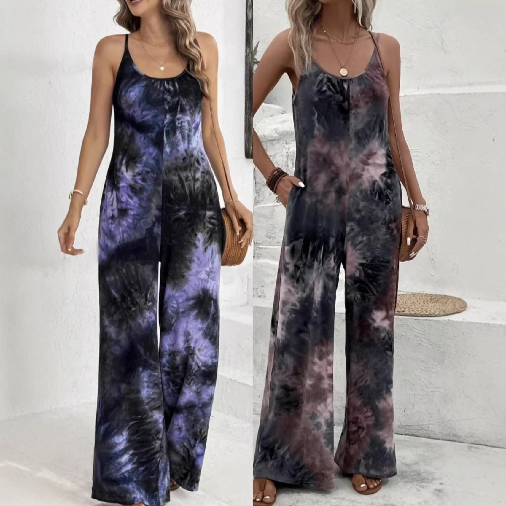 2025 New Cross-Border European and American Women's Tie-Dye Wide-Leg Jumpsuit Casual Sleeveless Ruched Jumpsuit
